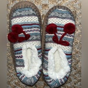 Cozy Striped Slippers with Red Pom Poms